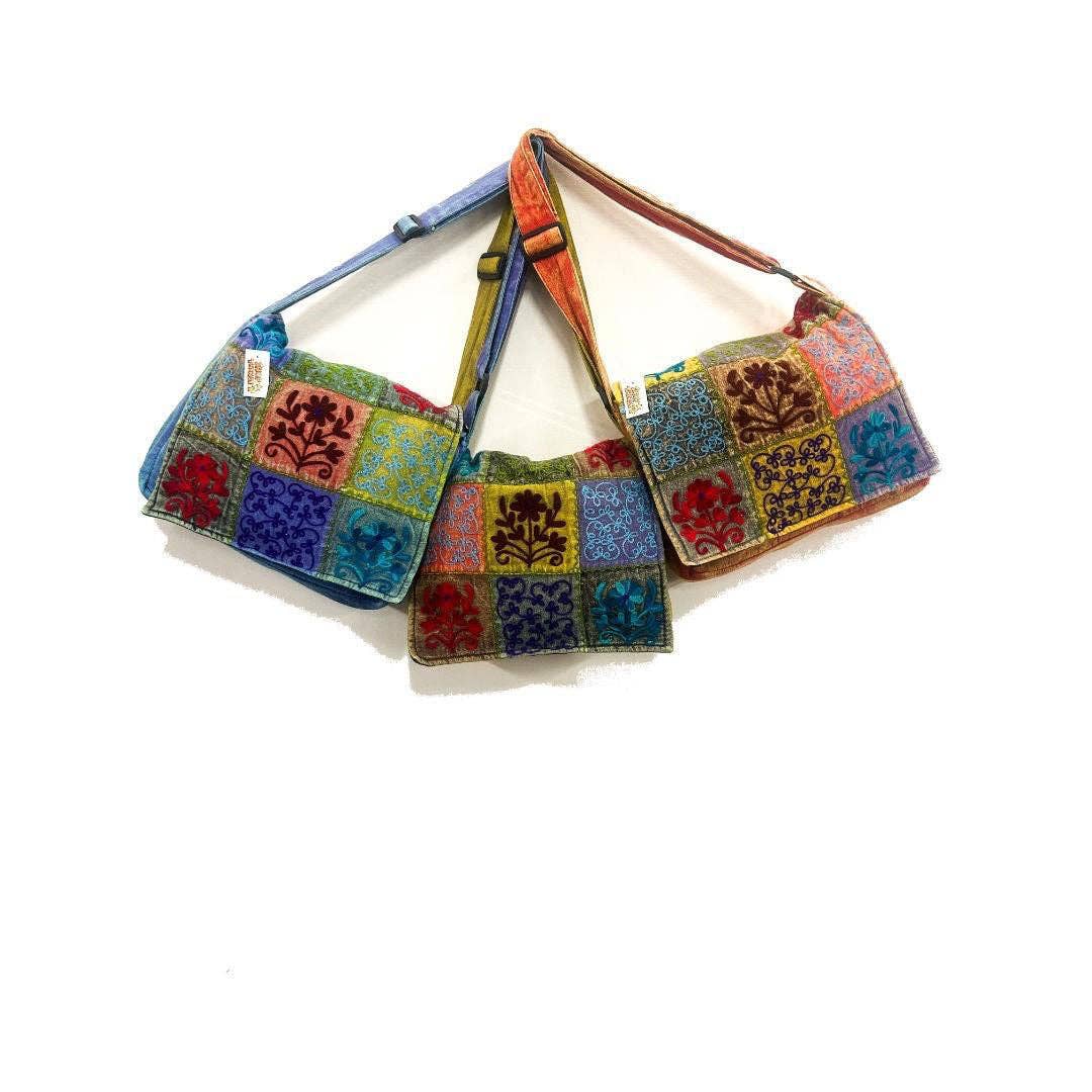Cotton Stonewash Floral Stitch Front Flap Shoulder Bag