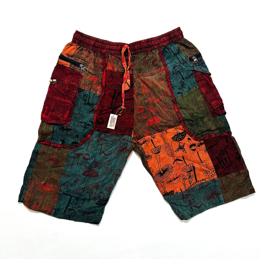 Multicolor Patchwork Cotton Mushroom Cargo Shorts