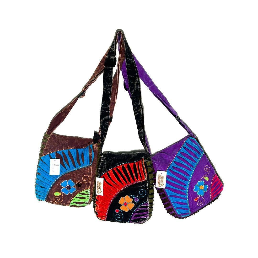 Cotton Razer Cut Floral Stitch Front Flap Shoulder Bag