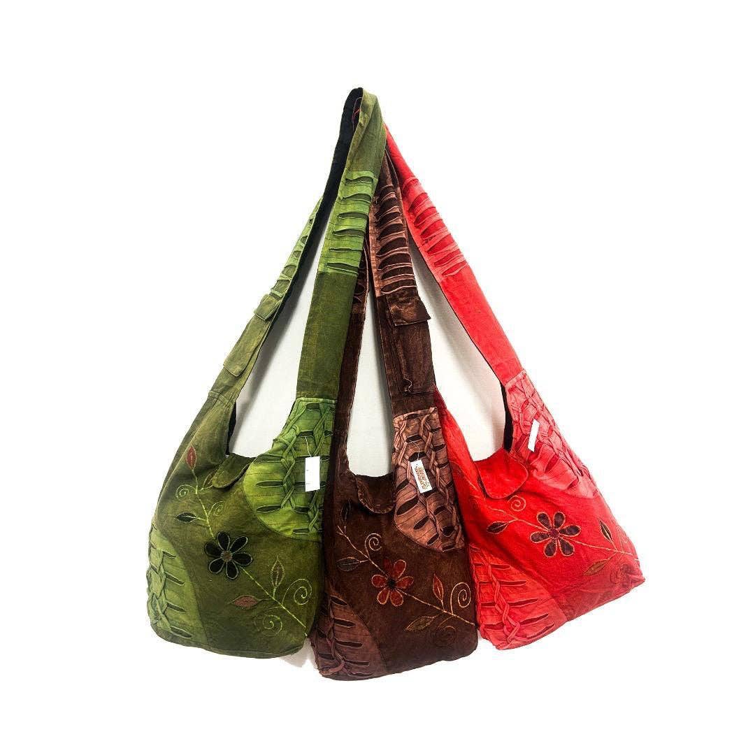 Cotton Floral Stitch Razer Cut Monk Style Shoulder Bag