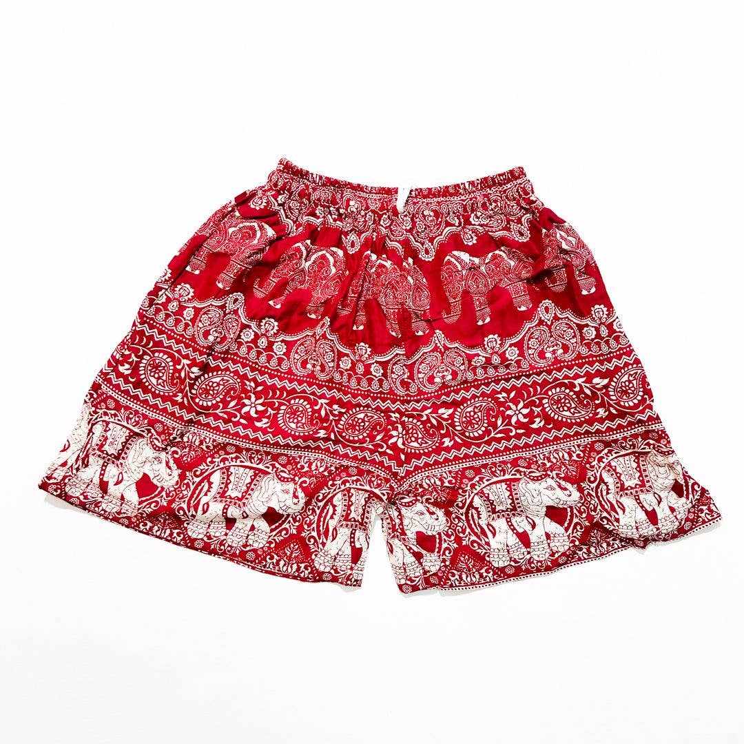 Red Elephant Print Cotton Shorts