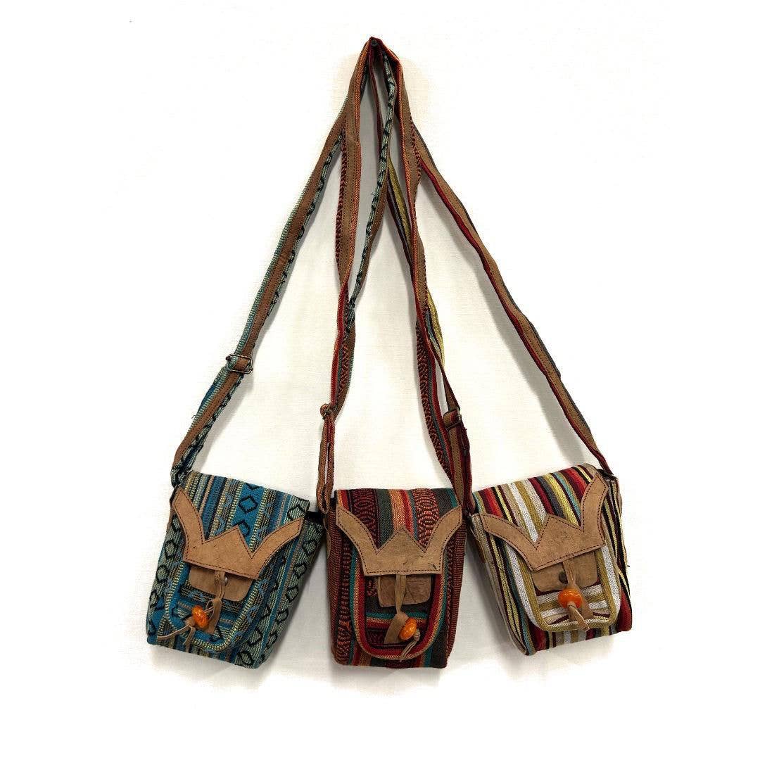 Cotton Gheri Fabric Leather Trim Adjustable Shoulder Bag