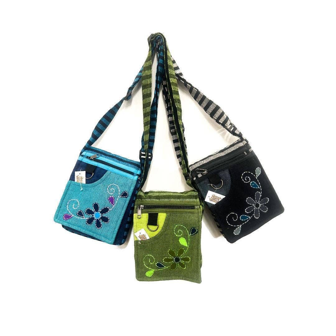 Cotton Floral Stitch Front Flap Small Shoulder Bag