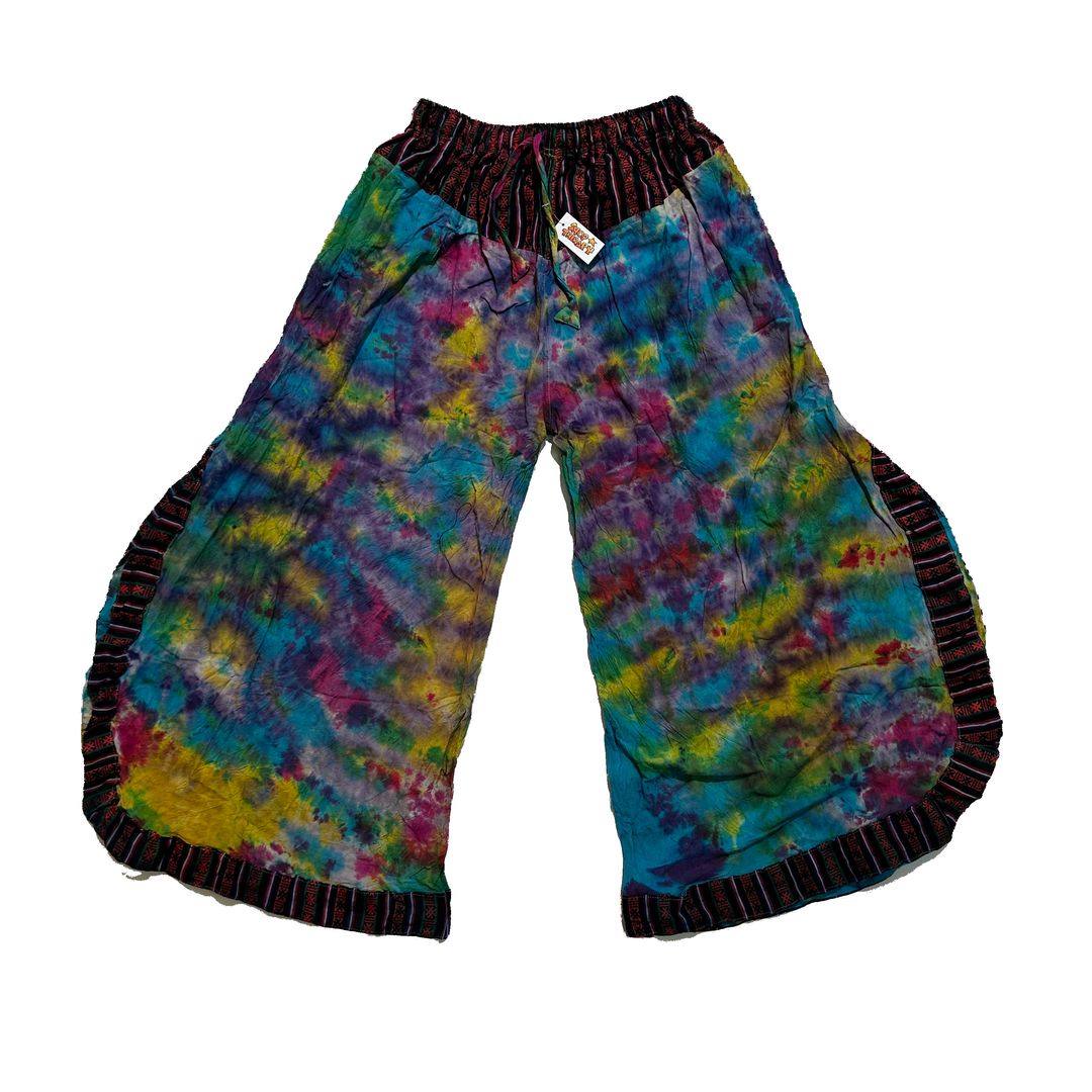 Colorful tie-dye pants with black trim on a white background