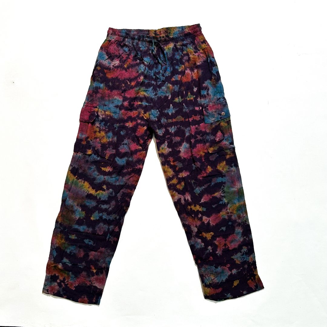 Colorful rainbow-patterned pants on a white background