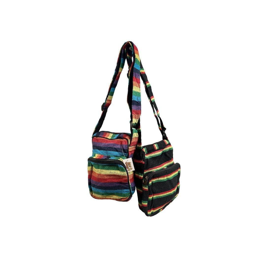 Cotton Multi Color Stripes Front Zipper Pocket Shoulder Bag