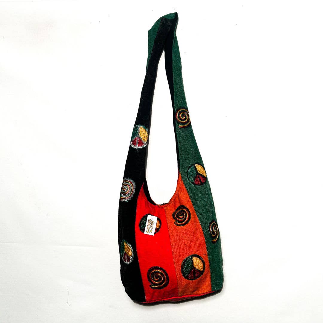 Cotton Peace Sign And Swirls Monk Style Shoulder Bag