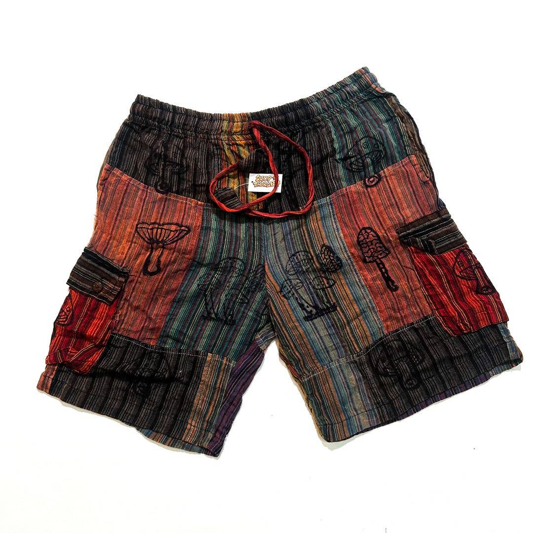 Multicolor Cotton Mushroom Patchwork Cargo Shorts