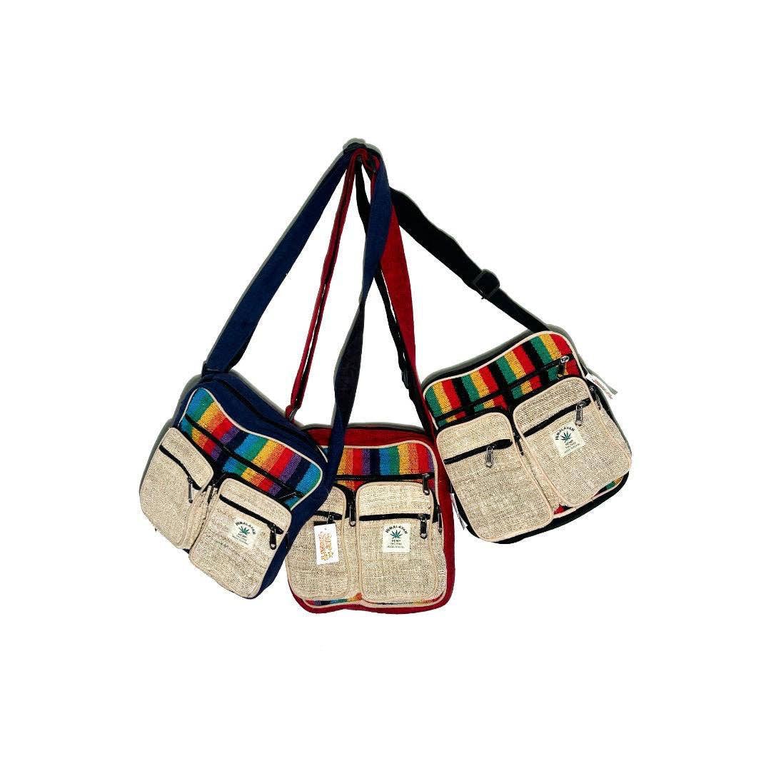 Himalayan Hemp Stripe Trim Front Pockets Shoulder Bag